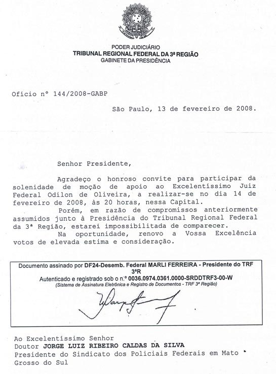 Agradecimento Desembargadora Federal Marli Ferreira - Presidente do TRF 3ª Região