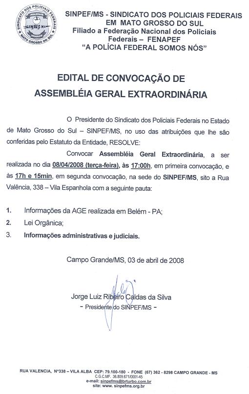 Edital de Convocação de Assembléia Geral Extraordinária