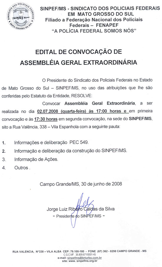 Edital de Convocação de Assembléia Geral Extraordinária