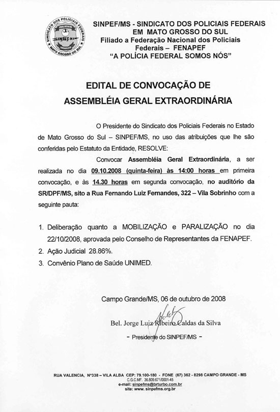 Edital de Convocação de Assembléia Geral Extraordinária